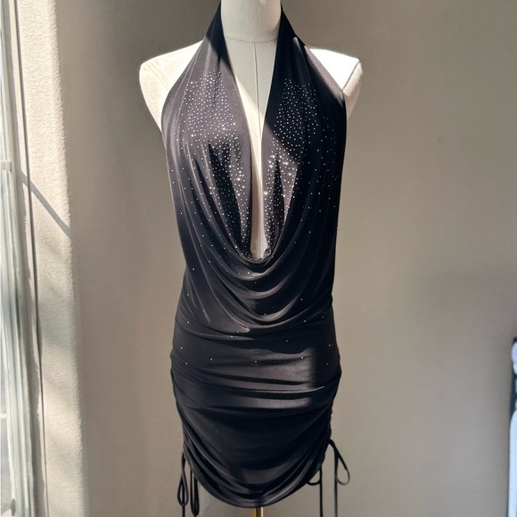 Y2K Baddie, Black Halter Extra mini, mini dress! Silver beading. By Icon size M - Picture 6 of 9
